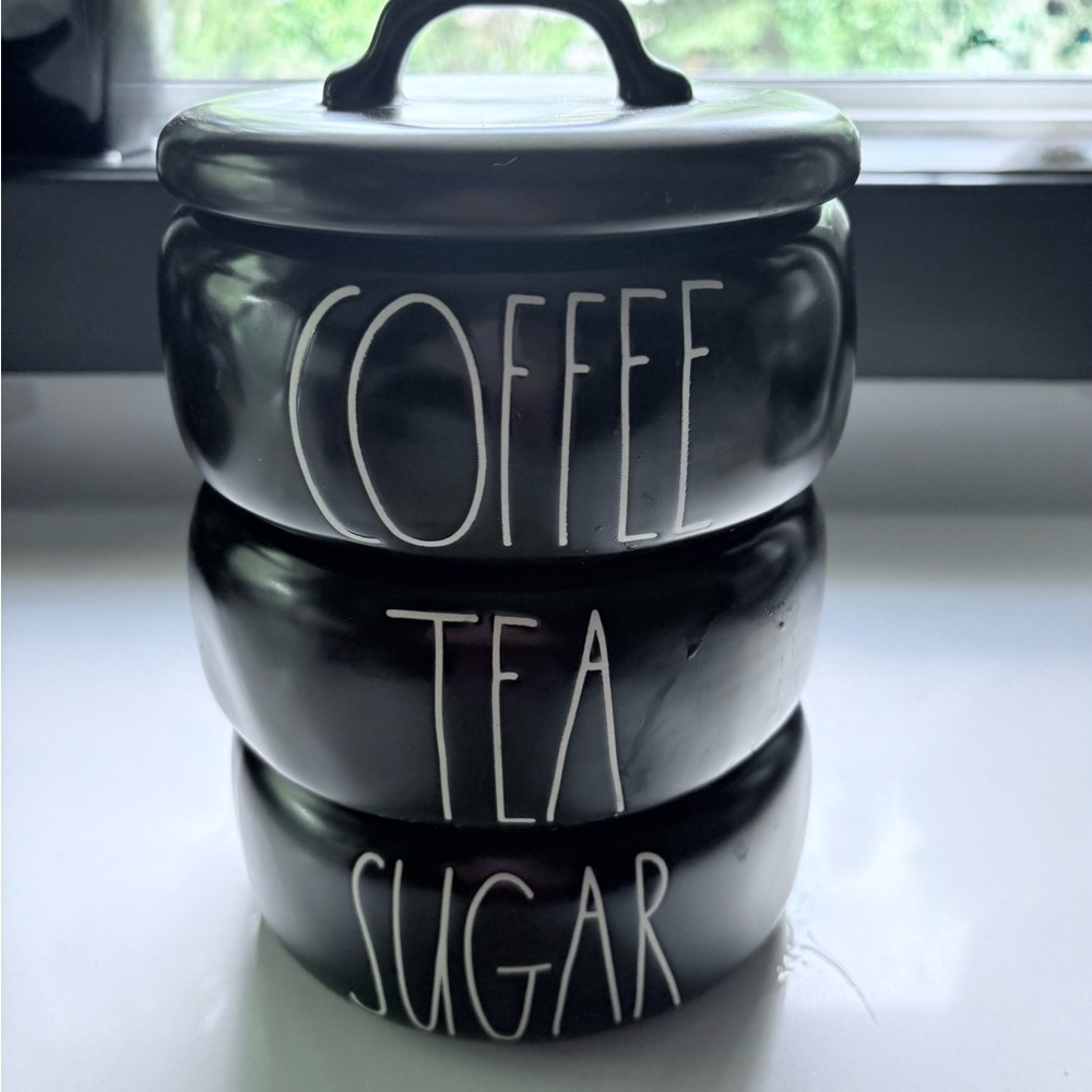 Rae Dunn Black Ceramic Coffee, Tea, and Sugar Canister Set